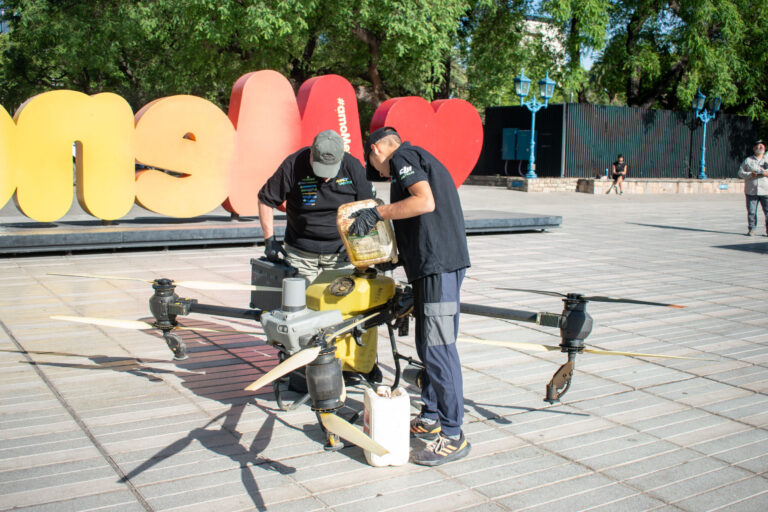 Ulpiano Suarez supervisó la pulverización, con productos orgánicos, del arbolado público en plaza Independencia
